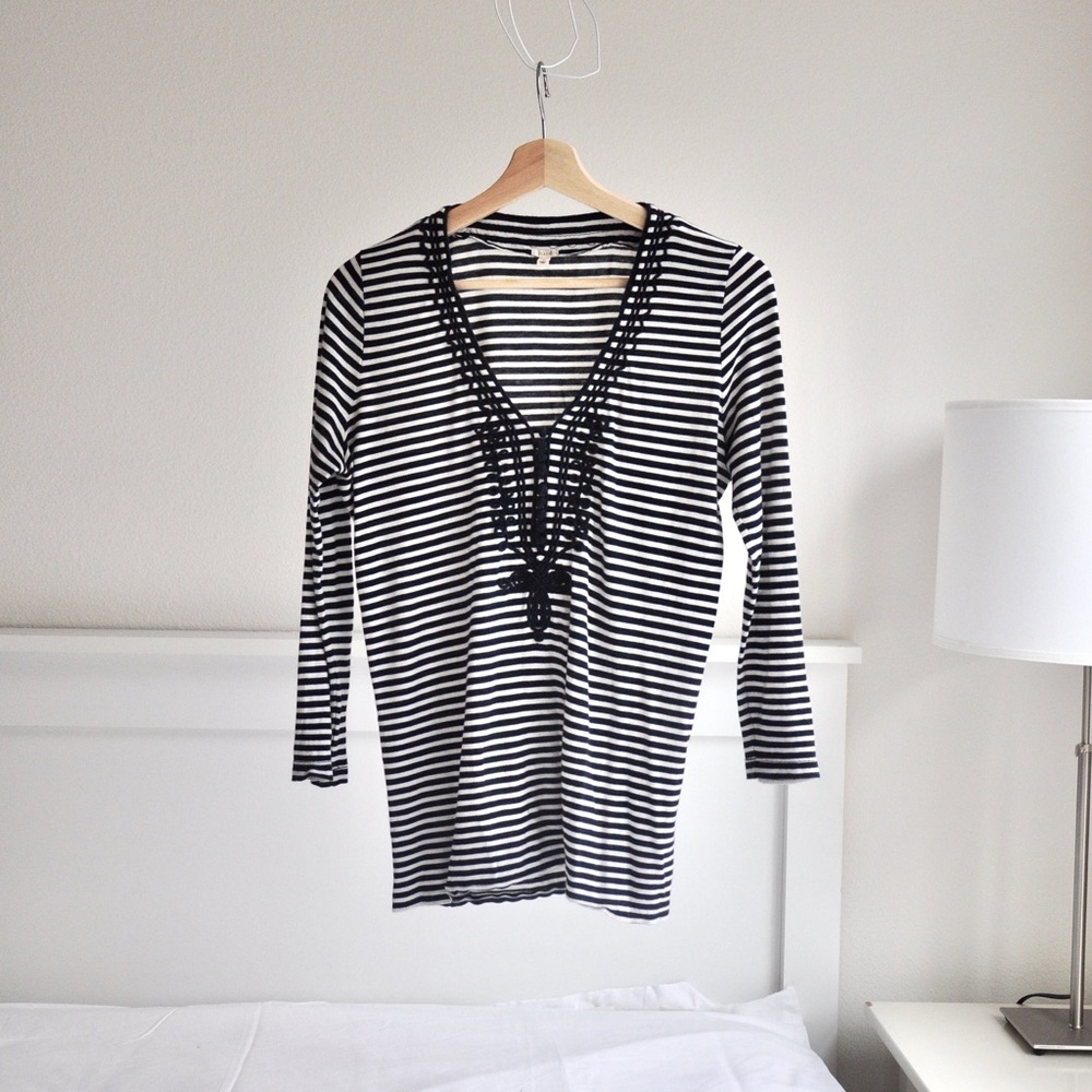 Navy/white JCrew 3/4 Sleeve Tee with Embroidery